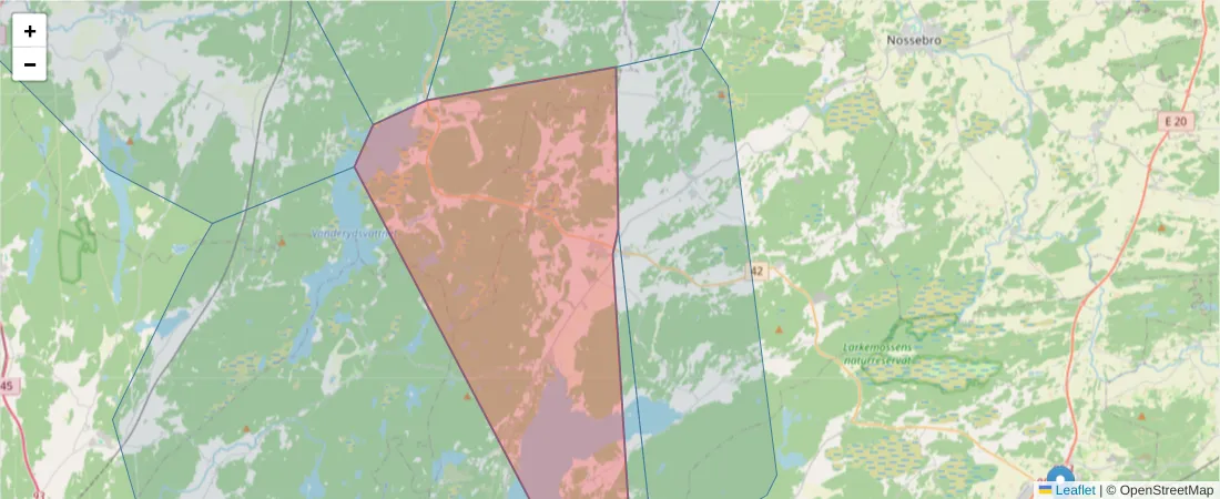 Karta över postnummerområdet  och angränsande postnummer i Sverige