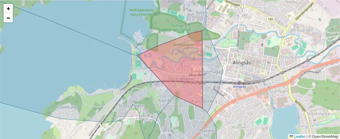 Karta över postnummerområdet  och angränsande postnummer i Sverige