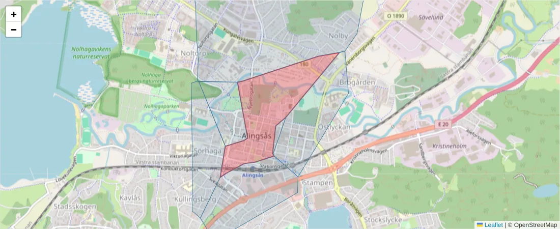 Karta över postnummerområdet  och angränsande postnummer i Sverige