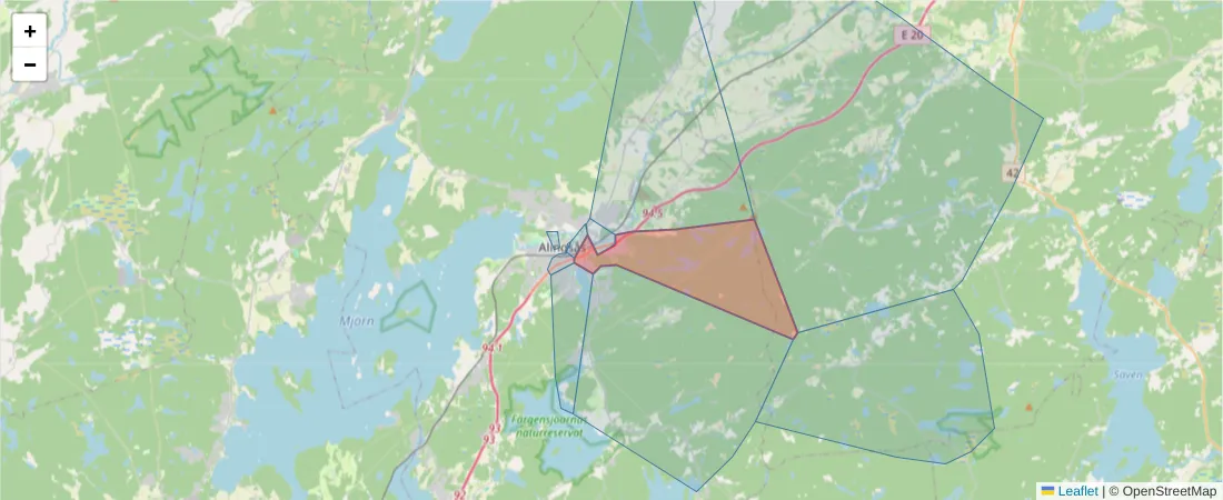 Karta över postnummerområdet  och angränsande postnummer i Sverige