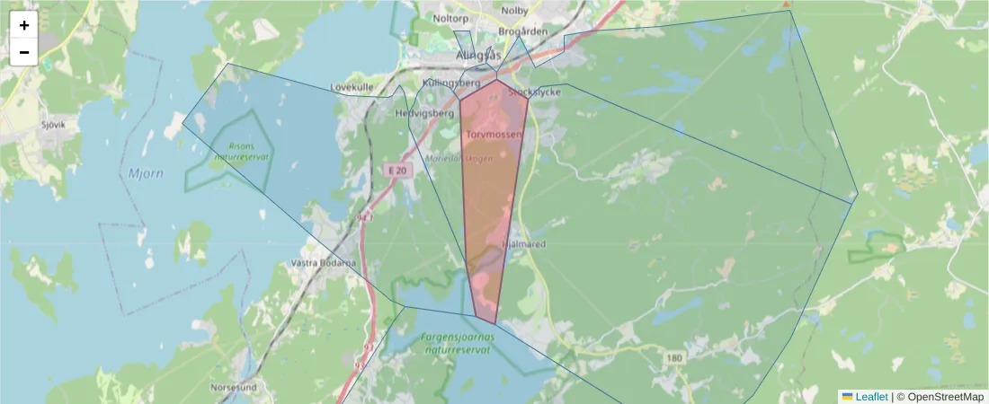 Karta över postnummerområdet  och angränsande postnummer i Sverige