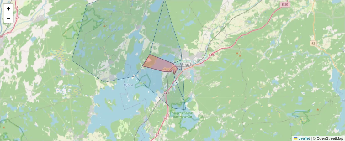 Karta över postnummerområdet  och angränsande postnummer i Sverige