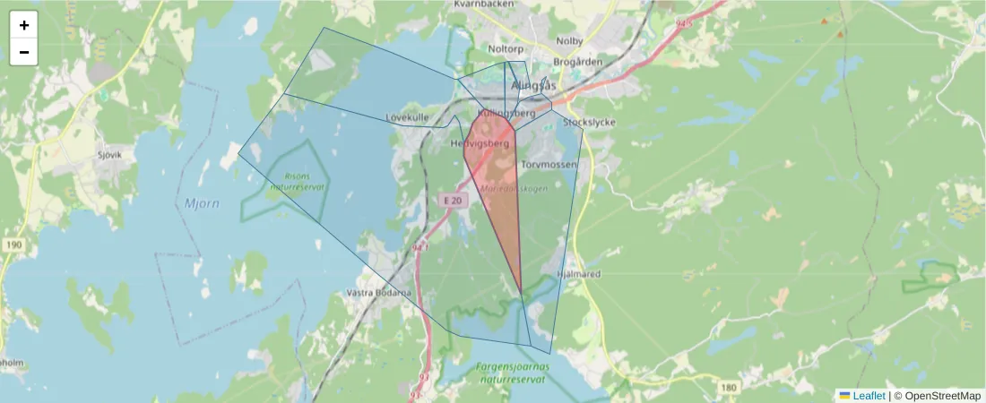 Karta över postnummerområdet  och angränsande postnummer i Sverige