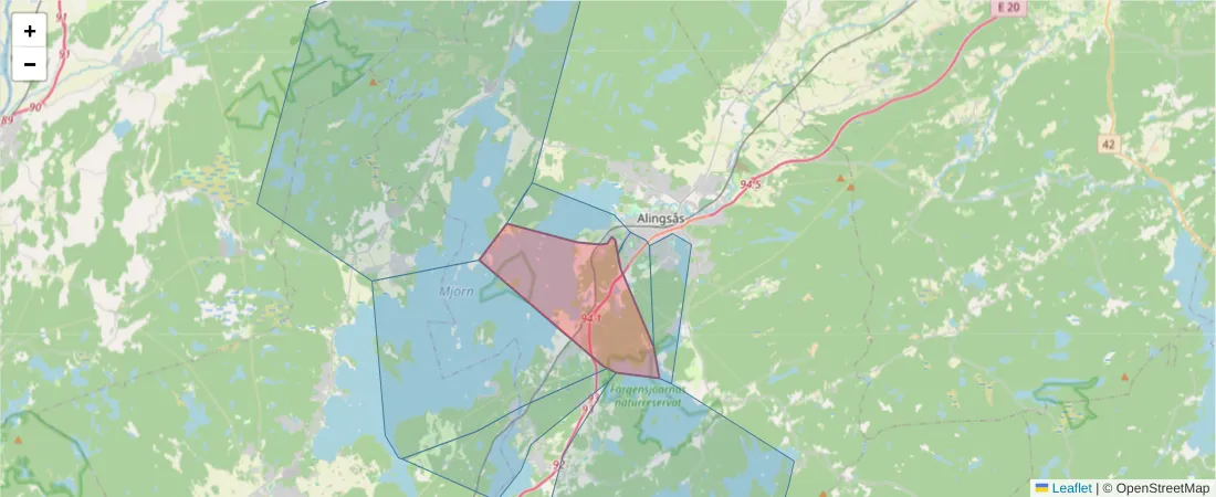 Karta över postnummerområdet  och angränsande postnummer i Sverige