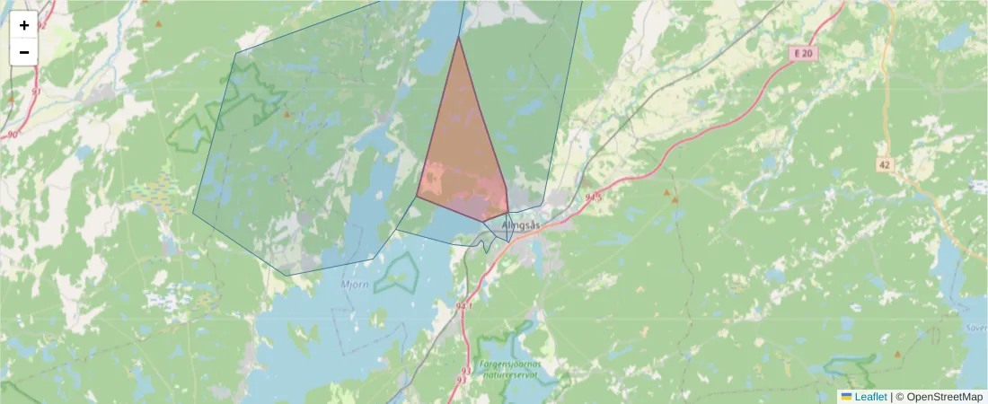 Karta över postnummerområdet  och angränsande postnummer i Sverige