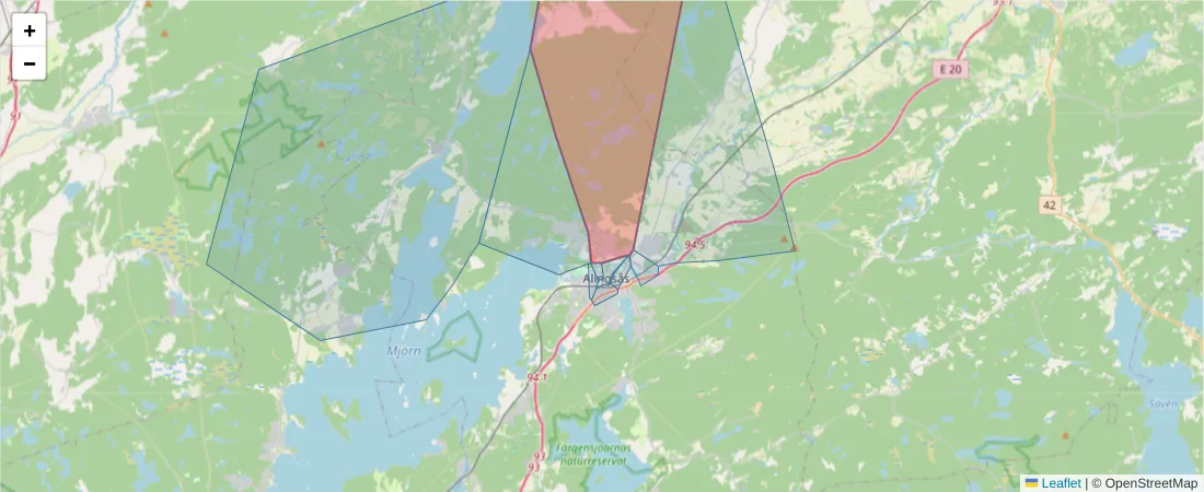 Karta över postnummerområdet  och angränsande postnummer i Sverige