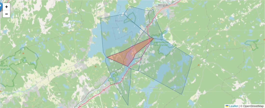 Karta över postnummerområdet  och angränsande postnummer i Sverige