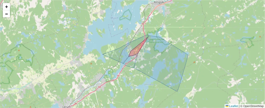 Karta över postnummerområdet  och angränsande postnummer i Sverige