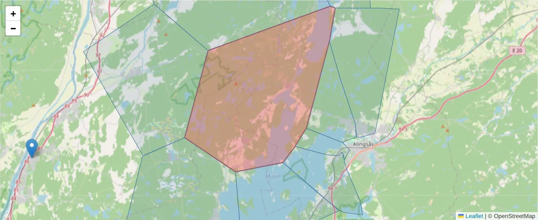 Karta över postnummerområdet  och angränsande postnummer i Sverige