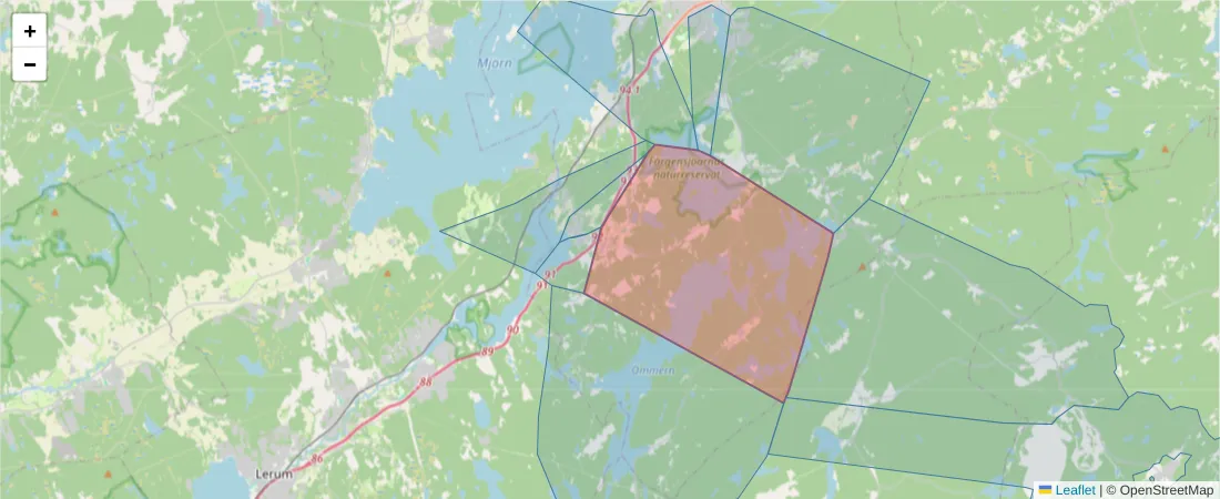 Karta över postnummerområdet  och angränsande postnummer i Sverige