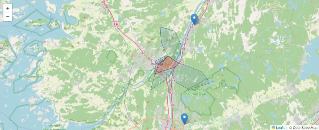 Karta över postnummerområdet  och angränsande postnummer i Sverige