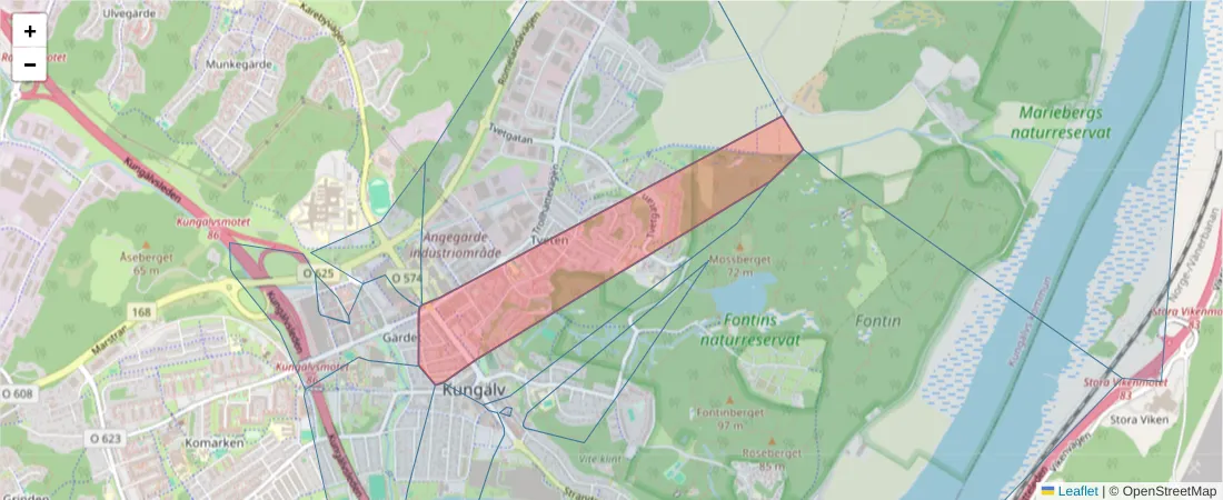 Karta över postnummerområdet  och angränsande postnummer i Sverige