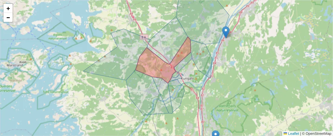 Karta över postnummerområdet  och angränsande postnummer i Sverige
