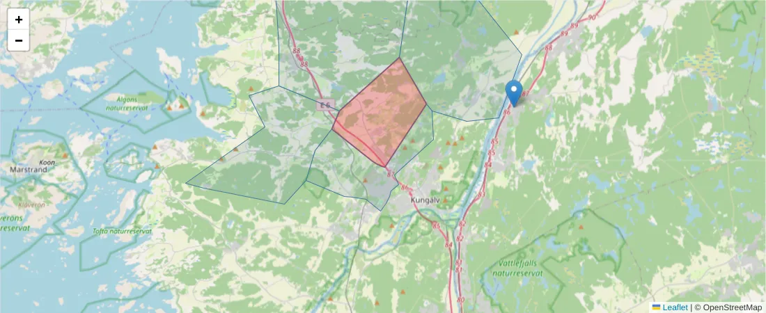 Karta över postnummerområdet  och angränsande postnummer i Sverige