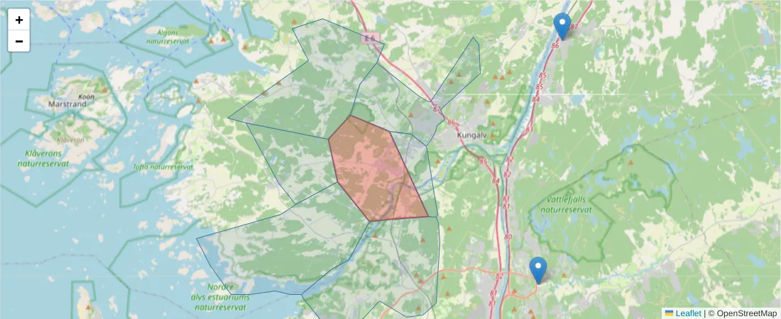Karta över postnummerområdet  och angränsande postnummer i Sverige