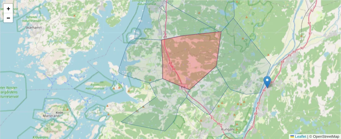 Karta över postnummerområdet  och angränsande postnummer i Sverige