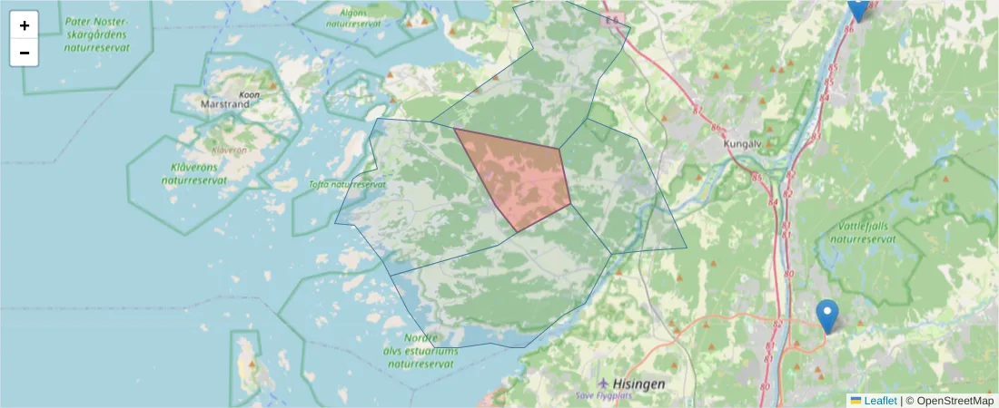 Karta över postnummerområdet  och angränsande postnummer i Sverige