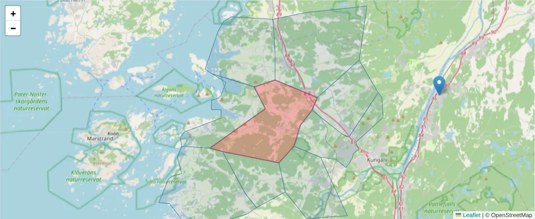 Karta över postnummerområdet  och angränsande postnummer i Sverige