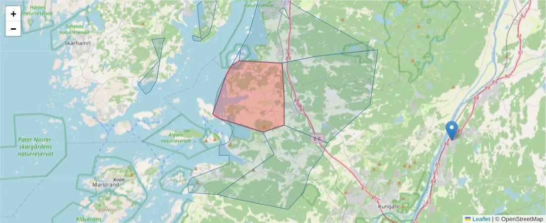 Karta över postnummerområdet  och angränsande postnummer i Sverige