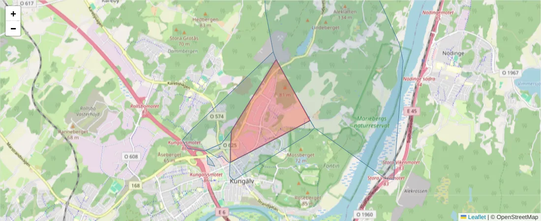 Karta över postnummerområdet  och angränsande postnummer i Sverige