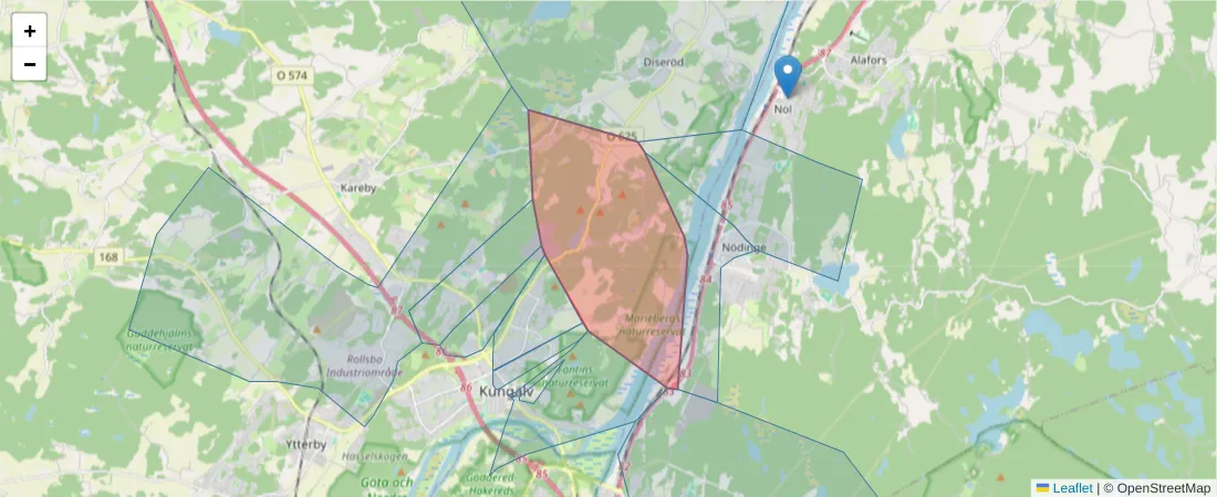 Karta över postnummerområdet  och angränsande postnummer i Sverige