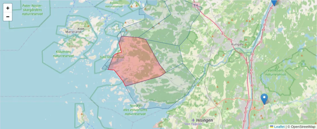 Karta över postnummerområdet  och angränsande postnummer i Sverige