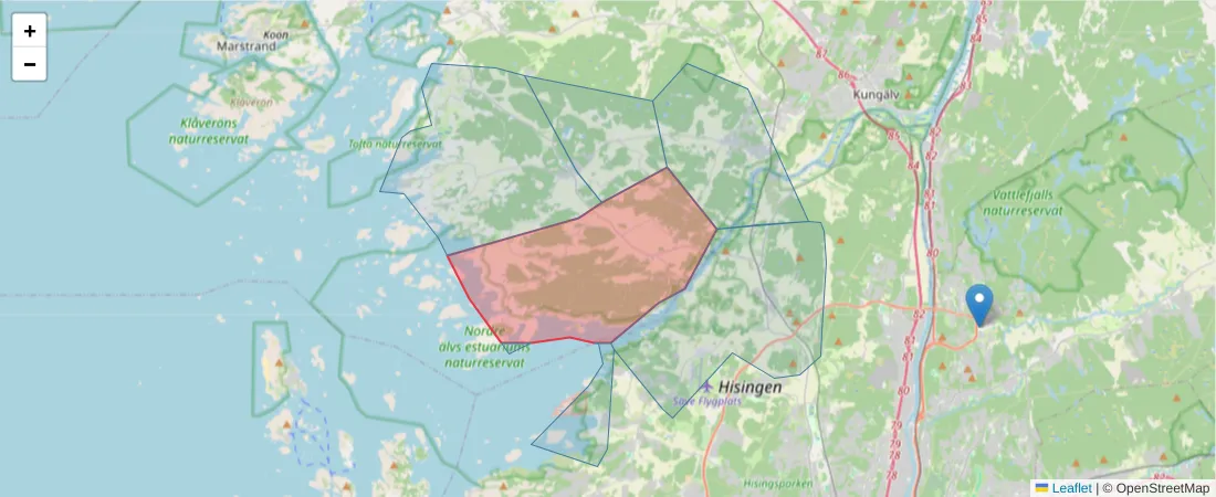 Karta över postnummerområdet  och angränsande postnummer i Sverige
