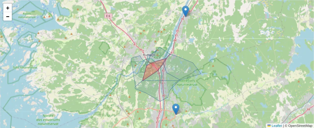 Karta över postnummerområdet  och angränsande postnummer i Sverige