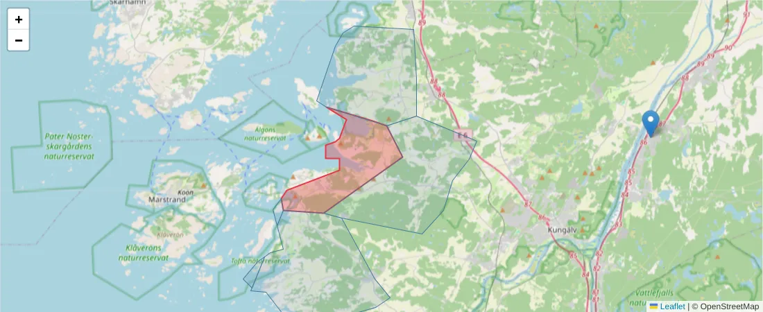 Karta över postnummerområdet  och angränsande postnummer i Sverige