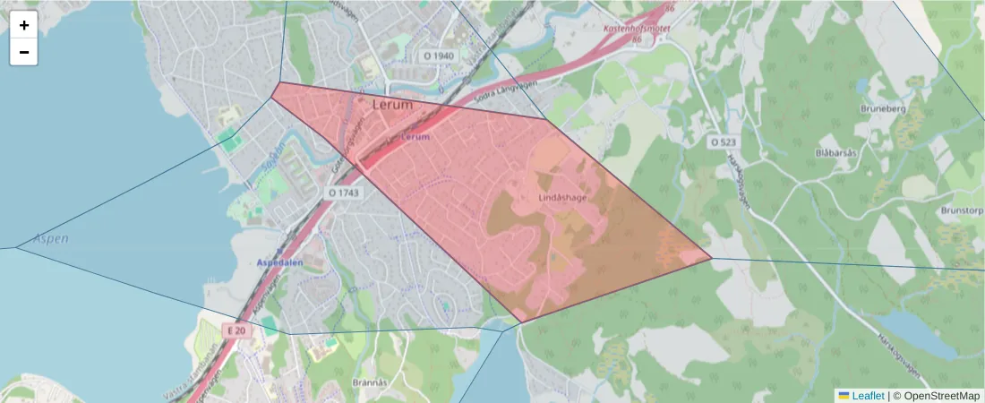 Karta över postnummerområdet  och angränsande postnummer i Sverige