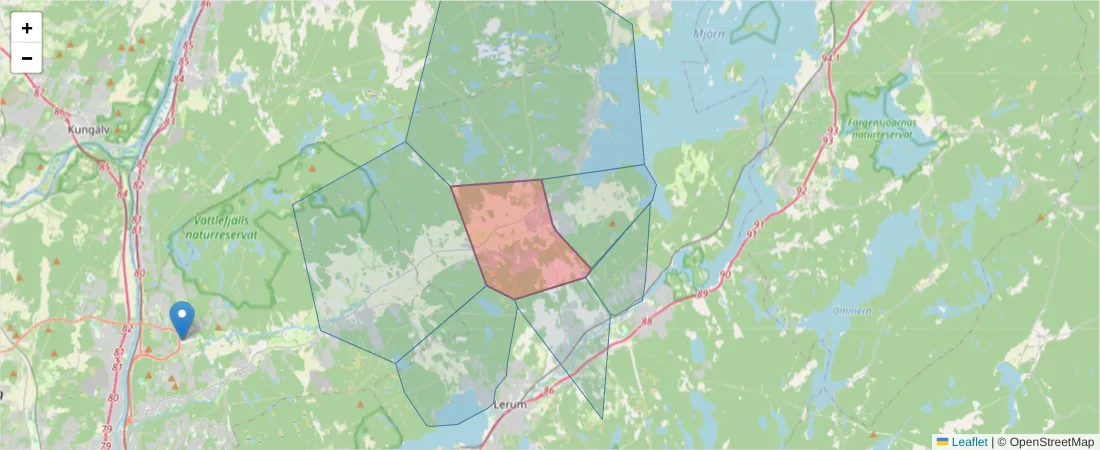 Karta över postnummerområdet  och angränsande postnummer i Sverige