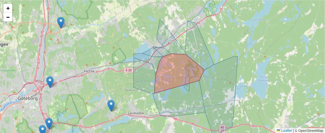 Karta över postnummerområdet  och angränsande postnummer i Sverige