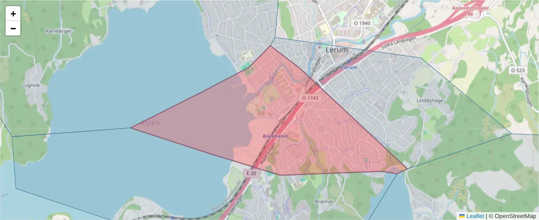 Karta över postnummerområdet  och angränsande postnummer i Sverige