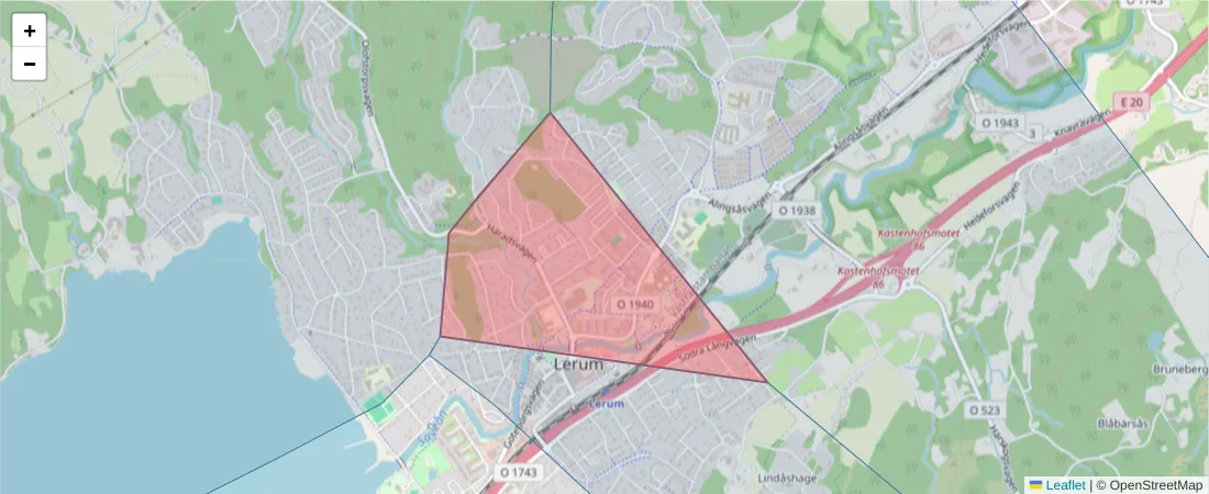 Karta över postnummerområdet  och angränsande postnummer i Sverige