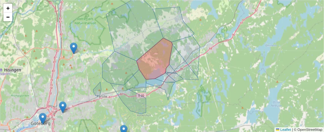 Karta över postnummerområdet  och angränsande postnummer i Sverige