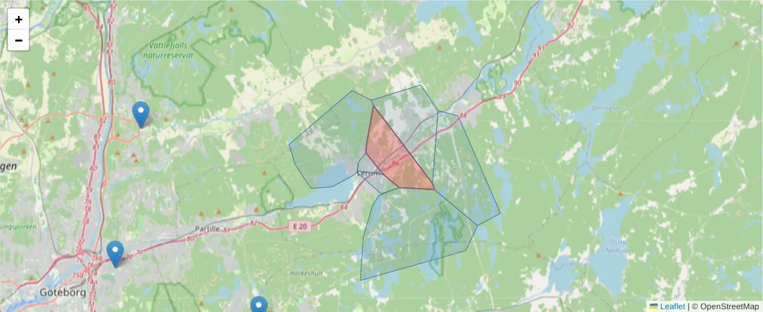 Karta över postnummerområdet  och angränsande postnummer i Sverige