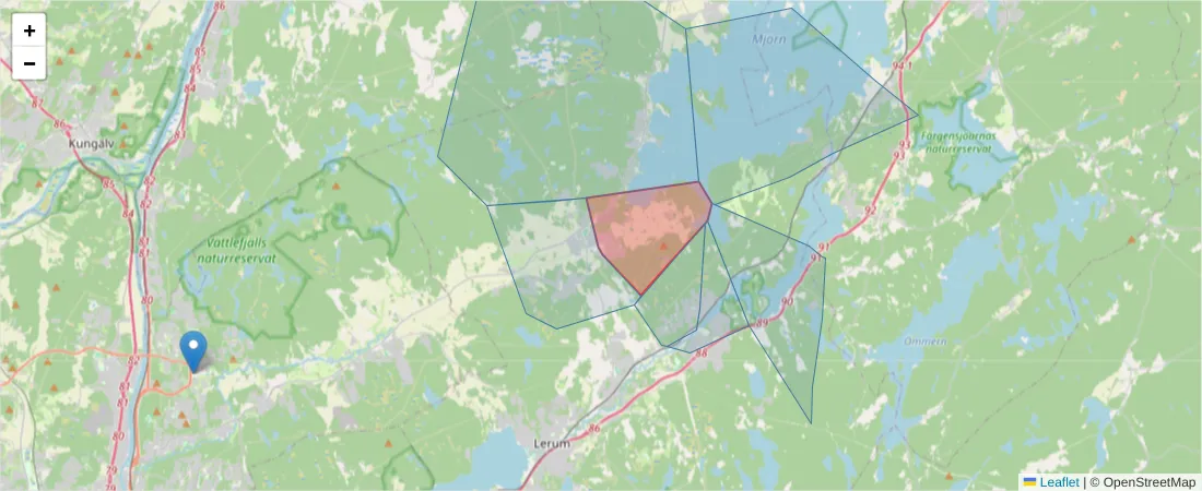 Karta över postnummerområdet  och angränsande postnummer i Sverige