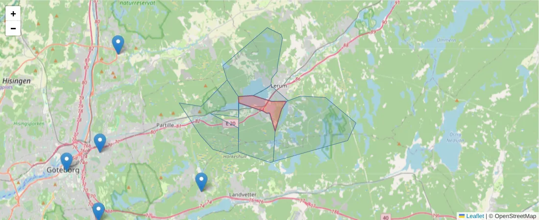 Karta över postnummerområdet  och angränsande postnummer i Sverige