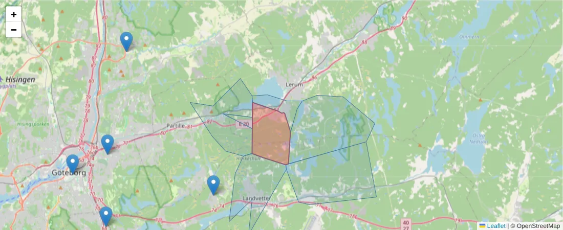 Karta över postnummerområdet  och angränsande postnummer i Sverige