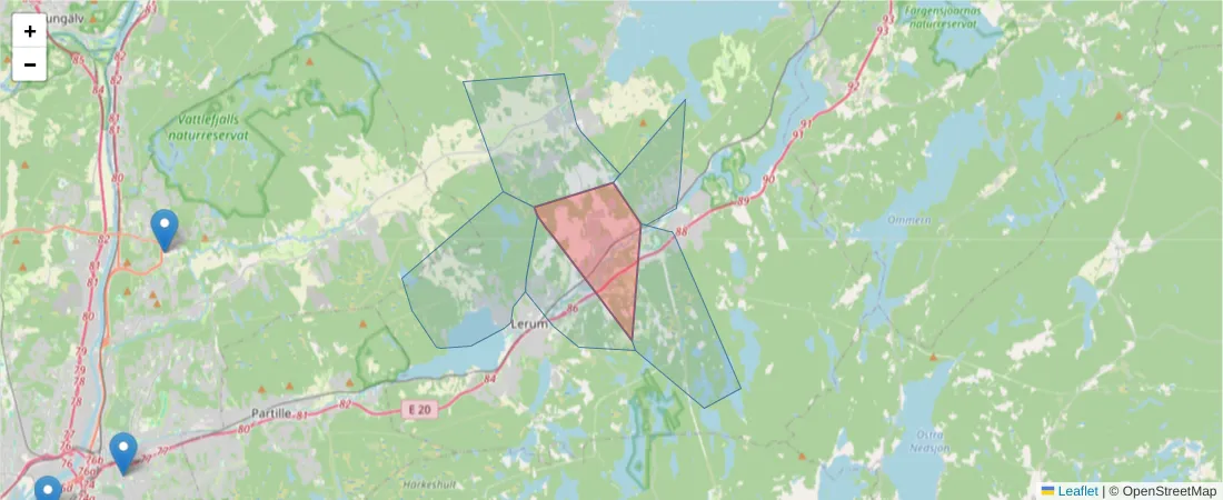Karta över postnummerområdet  och angränsande postnummer i Sverige
