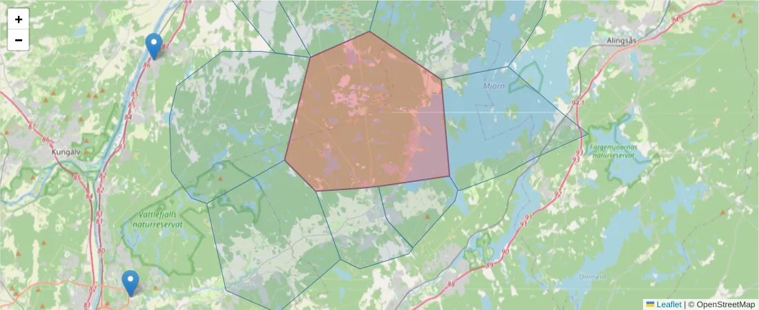 Karta över postnummerområdet  och angränsande postnummer i Sverige