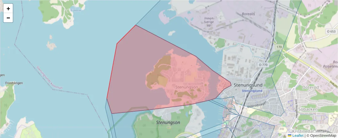 Karta över postnummerområdet  och angränsande postnummer i Sverige
