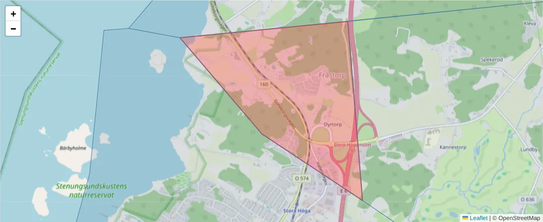Karta över postnummerområdet  och angränsande postnummer i Sverige