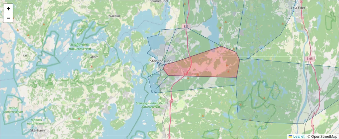 Karta över postnummerområdet  och angränsande postnummer i Sverige
