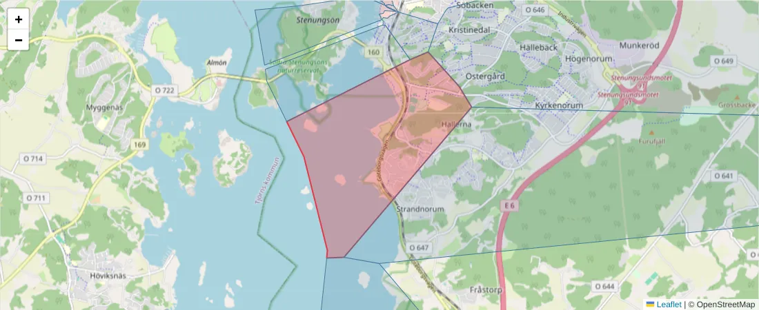 Karta över postnummerområdet  och angränsande postnummer i Sverige