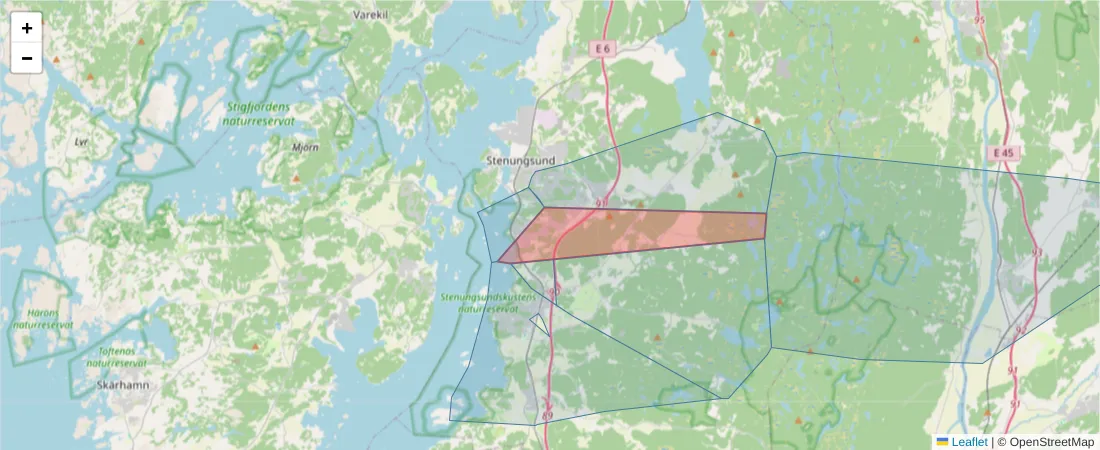 Karta över postnummerområdet  och angränsande postnummer i Sverige