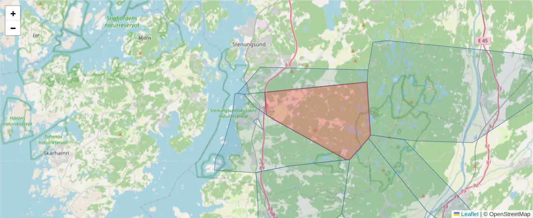 Karta över postnummerområdet  och angränsande postnummer i Sverige