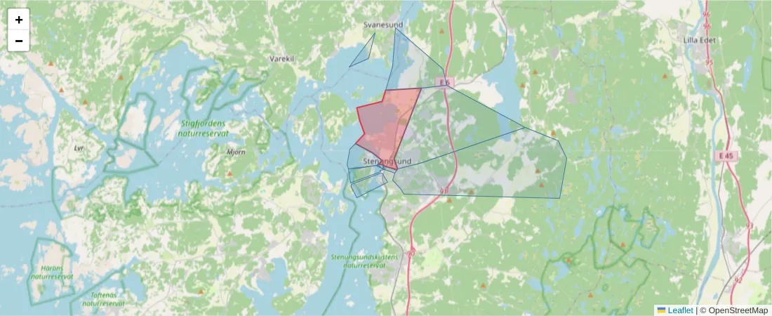 Karta över postnummerområdet  och angränsande postnummer i Sverige