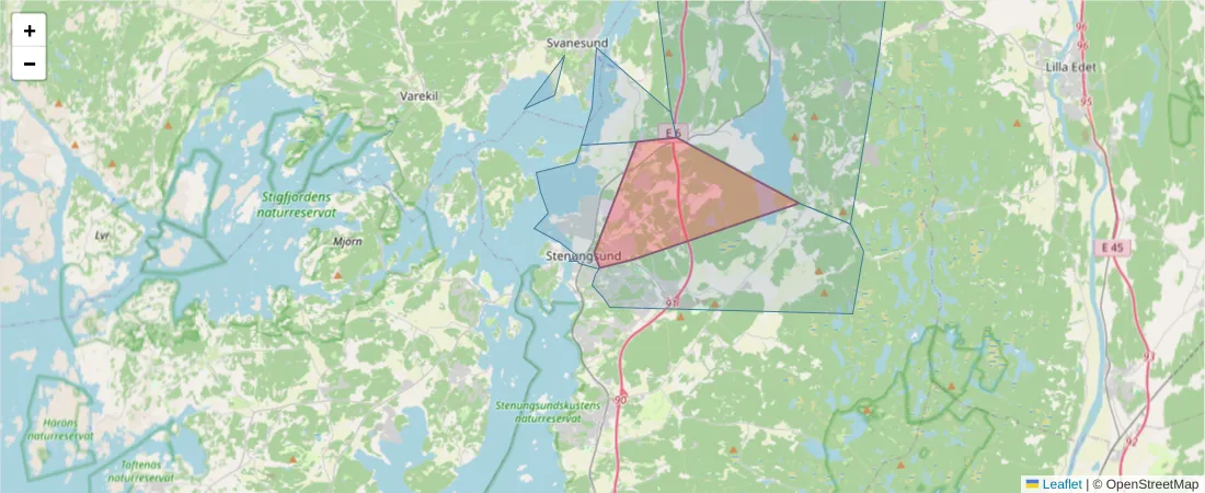Karta över postnummerområdet  och angränsande postnummer i Sverige