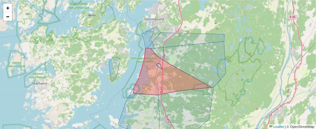 Karta över postnummerområdet  och angränsande postnummer i Sverige